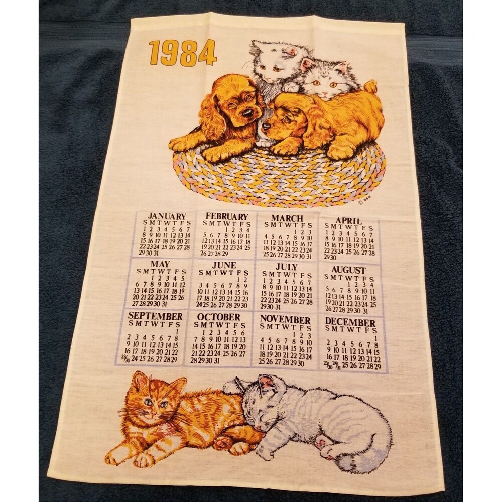 Vintage linen tea towel kittens & puppies 1984 calendar new old stock